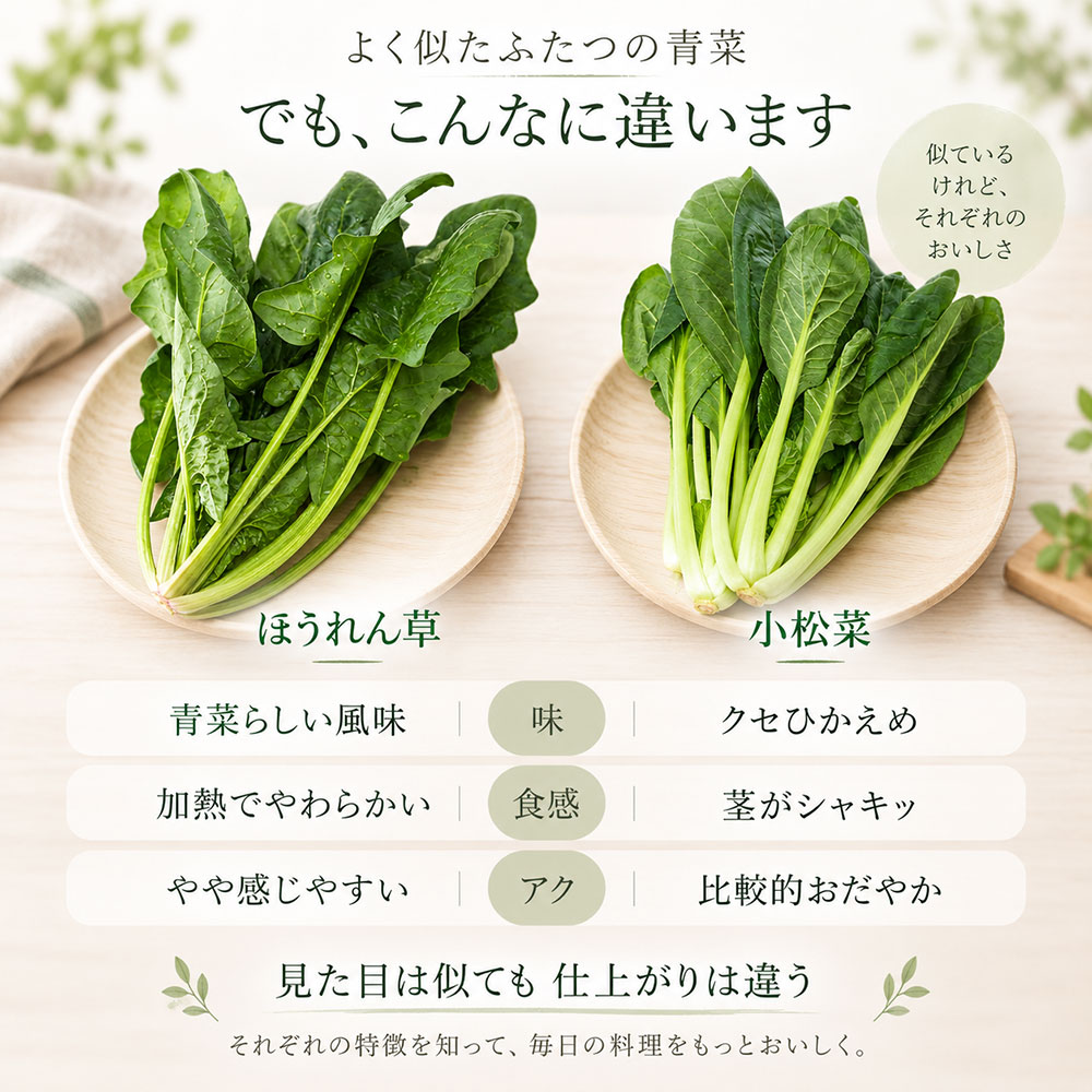 食べると違いがはっきり!ほうれん草と小松菜の味・食感・アクを比較