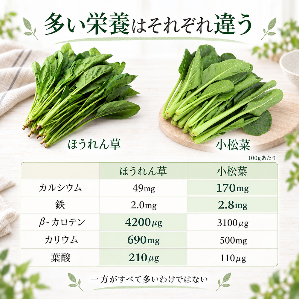 栄養はどっちが多い?ほうれん草と小松菜を数字で比べてみよう