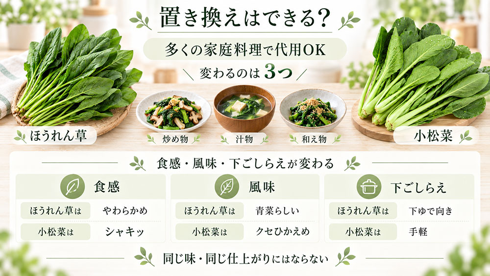 ほうれん草と小松菜は代用できる?置き換えると変わる3つのポイント