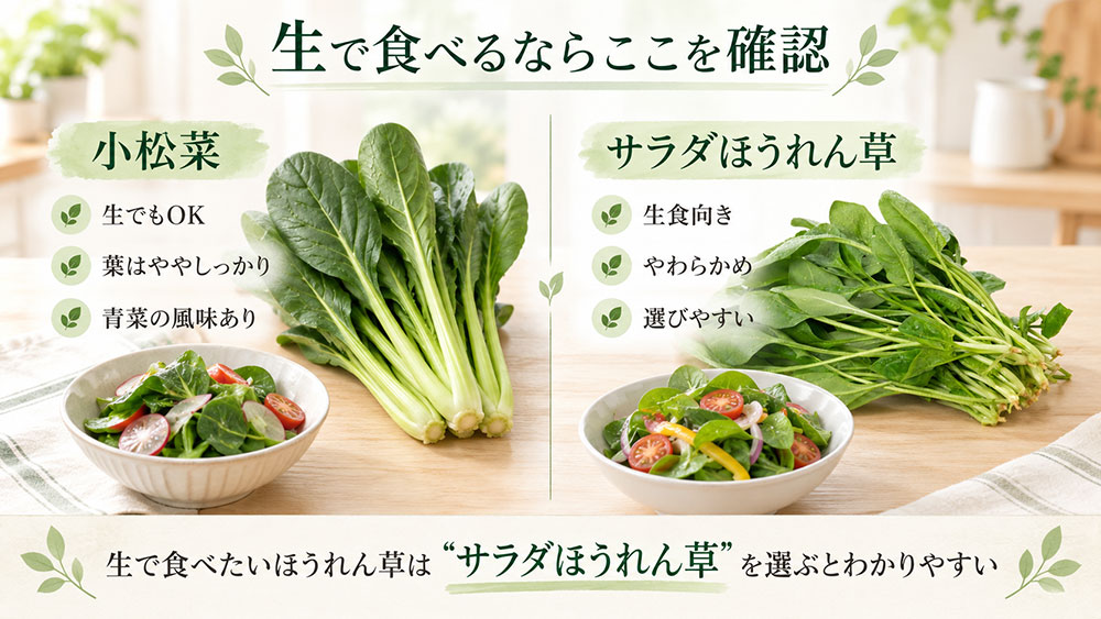 生で食べられる?小松菜とサラダほうれん草の違いも確認