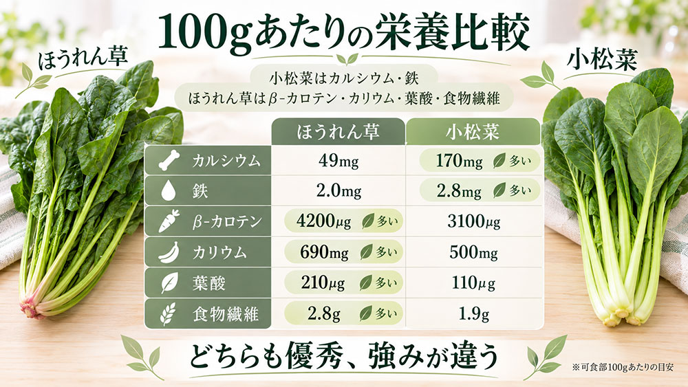 100gあたりで比較!カルシウム・鉄・葉酸・β-カロテンなどの違い