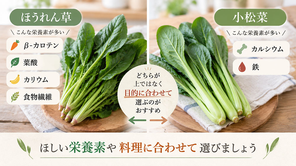 「栄養はどっちが上?」小松菜が多い栄養素・ほうれん草が多い栄養素