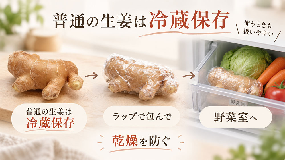 普通の生姜は乾燥を防いで冷蔵保存すると使いやすい