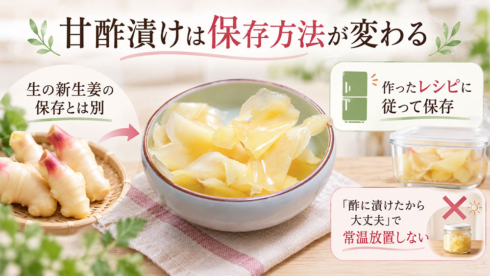 甘酢漬けは生の新生姜とは保存方法が異なる