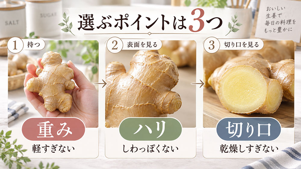 普通の生姜は重み・ハリ・切り口をチェックする