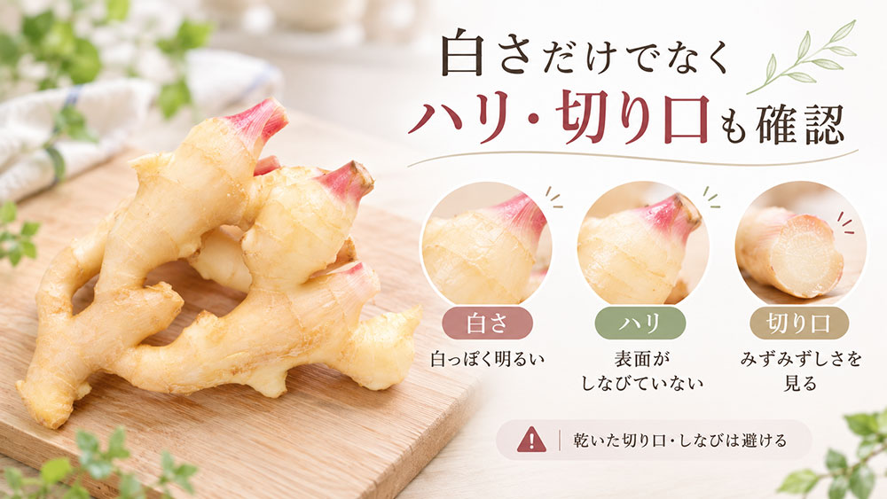 新生姜は白さ・ハリ・切り口のみずみずしさを見る