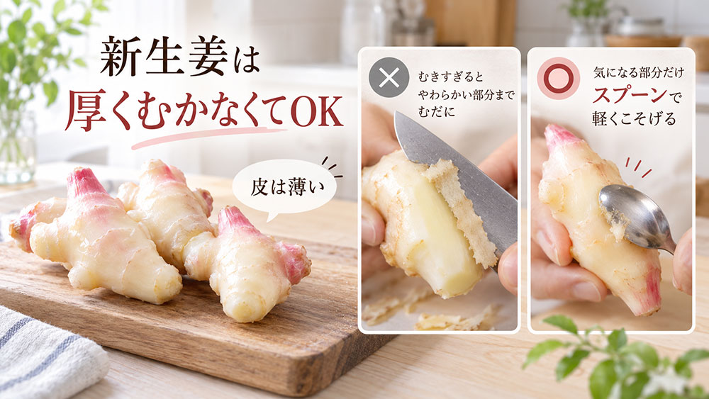 新生姜の薄い皮は基本的に厚くむかなくても使える