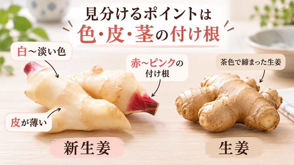 白くみずみずしい新生姜と茶色く締まった生姜の見分け方