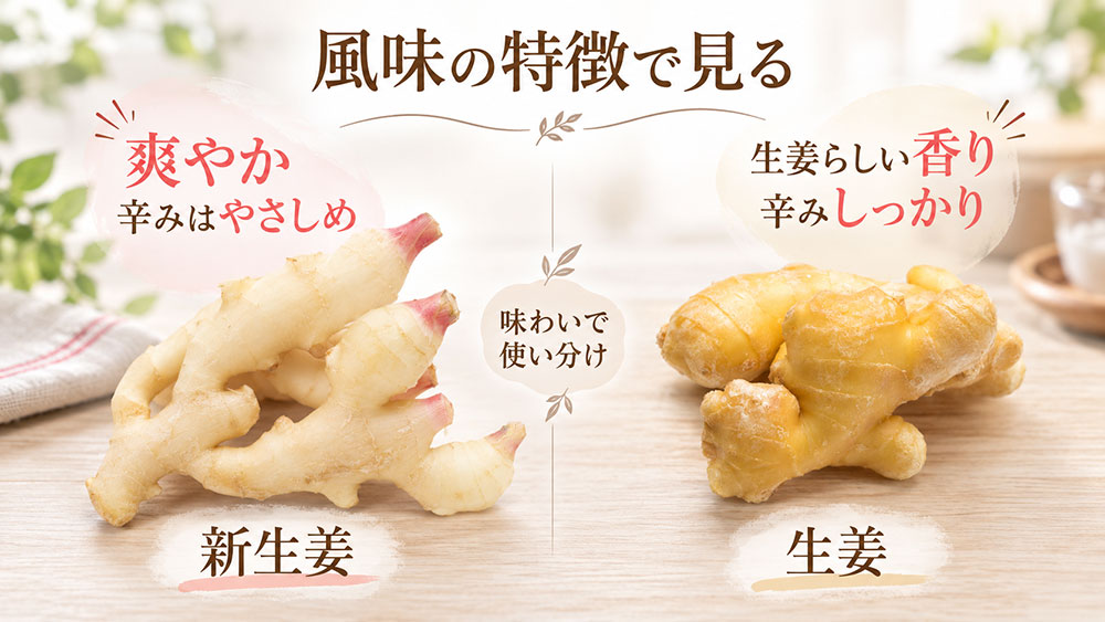 新生姜は爽やかでやさしい辛み、生姜は香りと辛みがしっかり