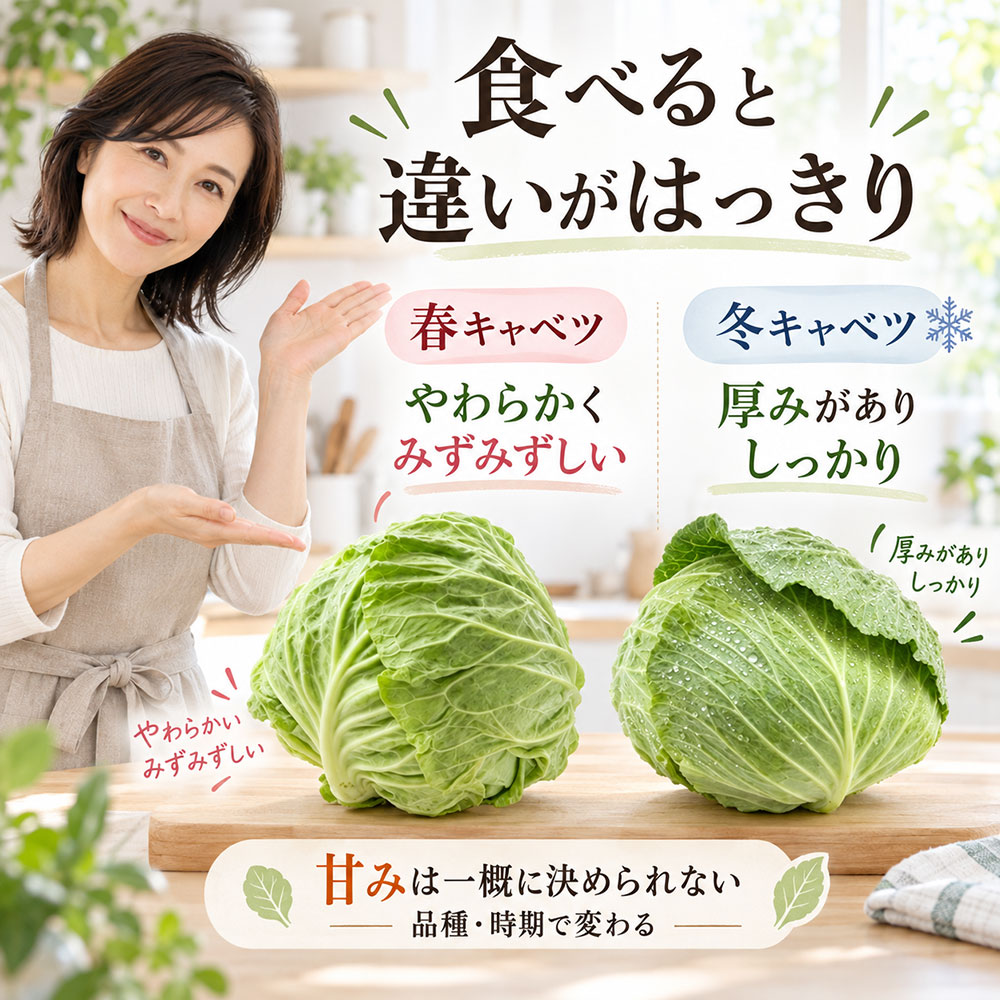 食べると違いがはっきり|春キャベツと冬キャベツの味・甘み・食感