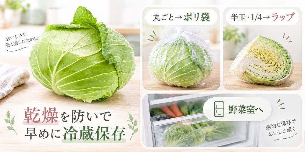 冬キャベツも乾燥を防いで冷蔵保存