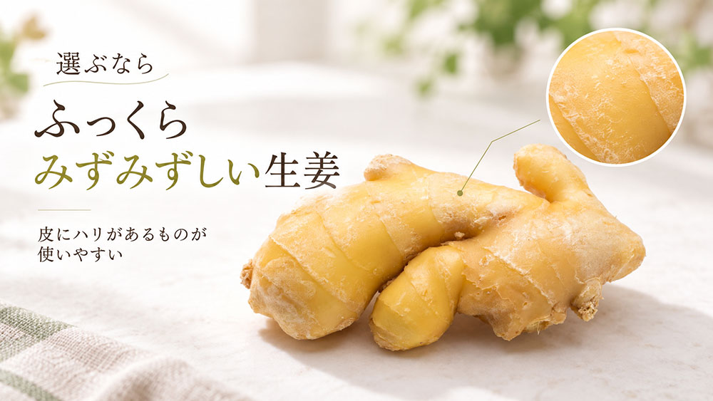 皮にハリがあり、みずみずしい生姜を選ぶ