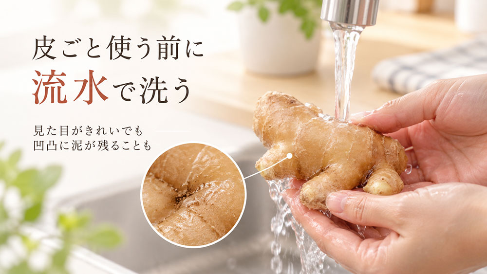 流水で洗いながら表面の泥を落とす