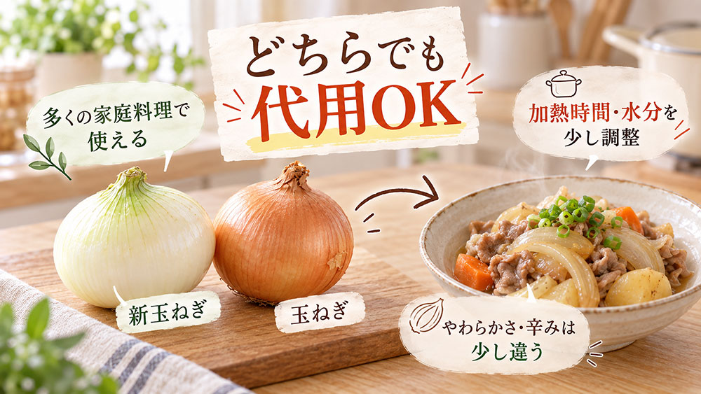 新玉ねぎと玉ねぎは代用できる？｜加熱時間と水分を少し調整