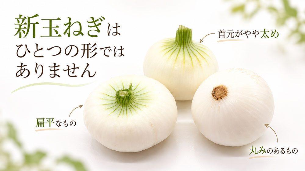 新玉ねぎは形もいろいろ｜丸いもの・扁平なもの・首元が太めのものもある