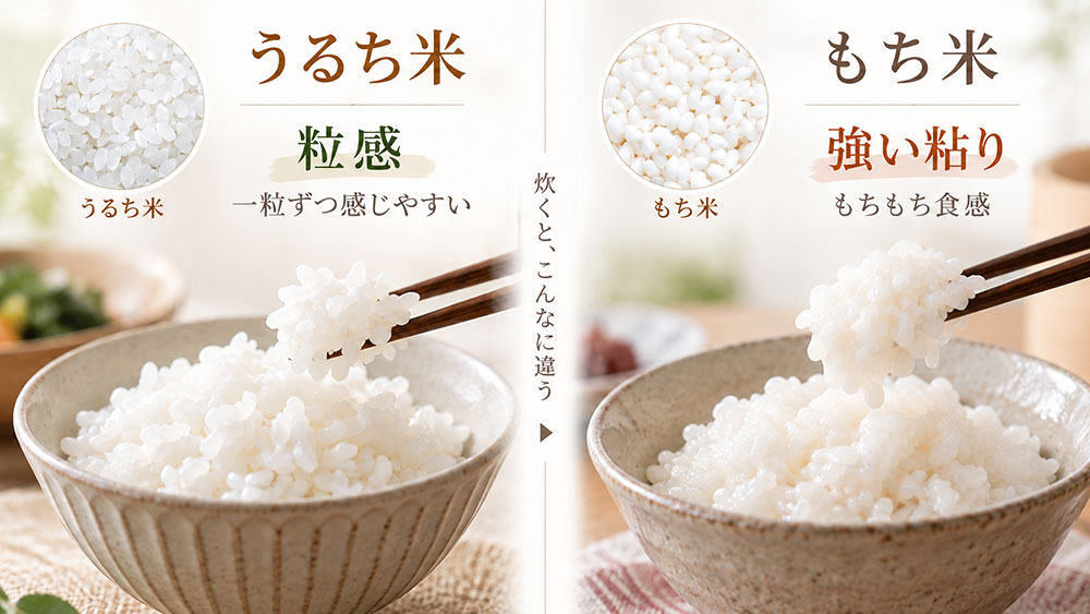 だから炊き上がりが違う|うるち米は粒感、もち米は強い粘り