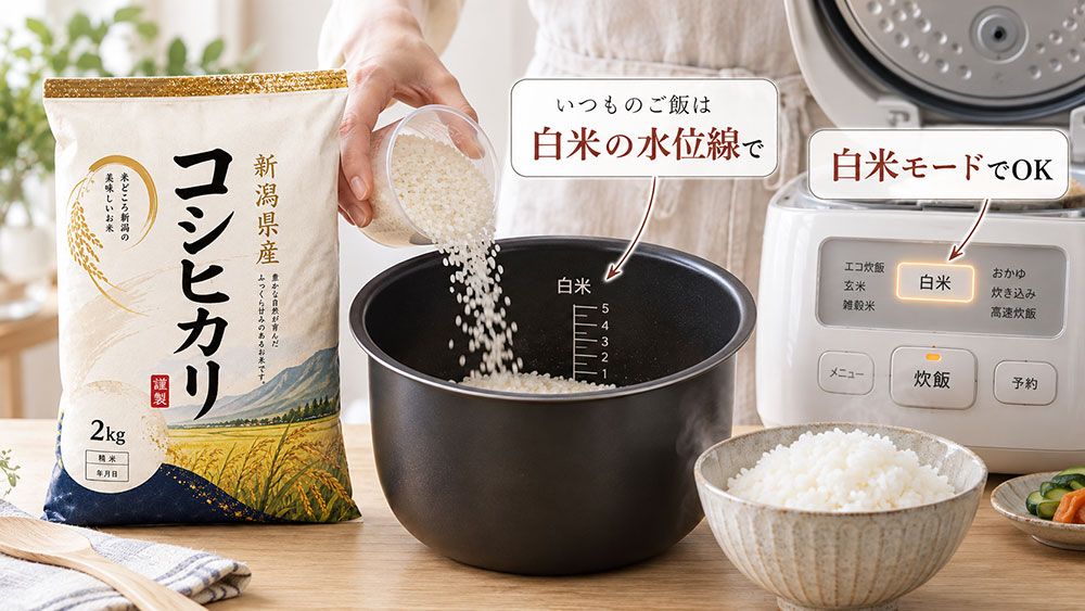 うるち米はいつもの白米モード|米と炊飯器に合った水加減で炊く