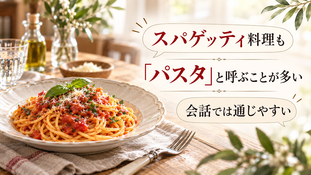 細長いスパゲッティもまとめて「パスタ」と呼ぶことが多い