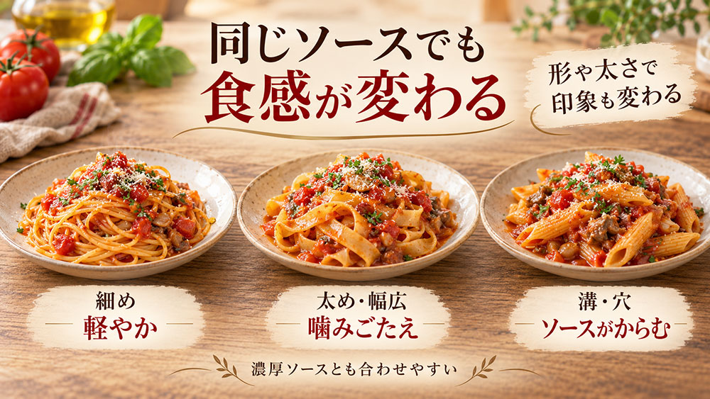 形や太さが違うと食感やソースのからみ方も変わる