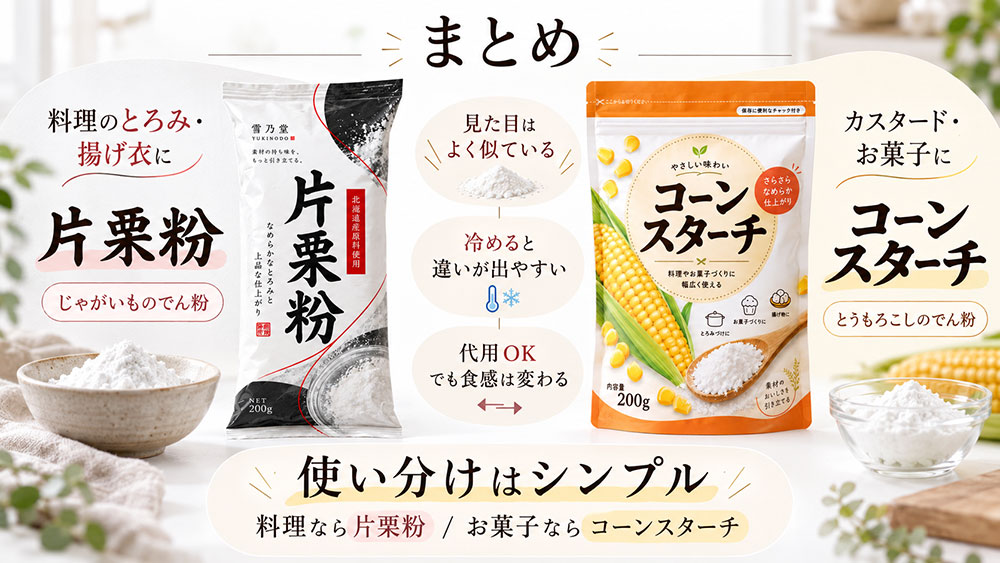片栗粉とコーンスターチは仕上がりで使い分けよう：まとめ