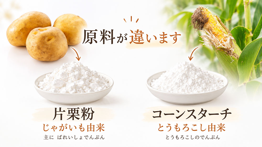 片栗粉はじゃがいも、コーンスターチはとうもろこしのでんぷん