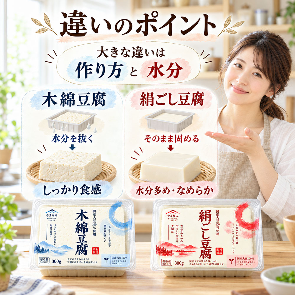 木綿豆腐と絹ごし豆腐は何が違う?まずは早見表で比べてみよう