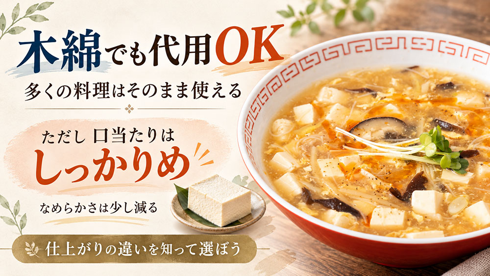 絹ごし豆腐の代わりに木綿を使うと、食感はしっかりめになる