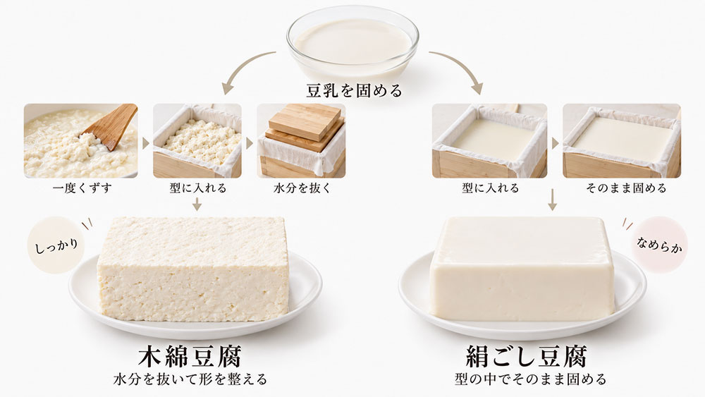 作り方の違いは「水分を抜くか、そのまま固めるか」