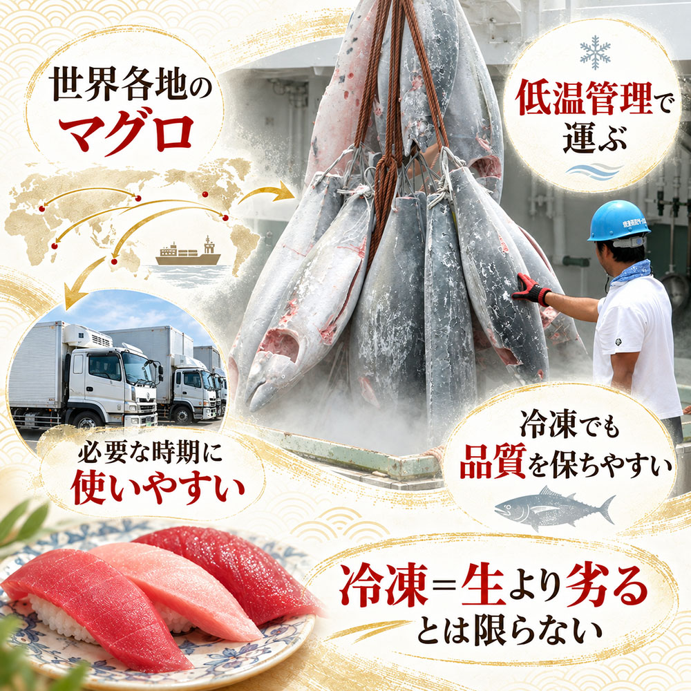 回転寿司のマグロはなぜ冷凍が多い？生マグロとの違いも確認