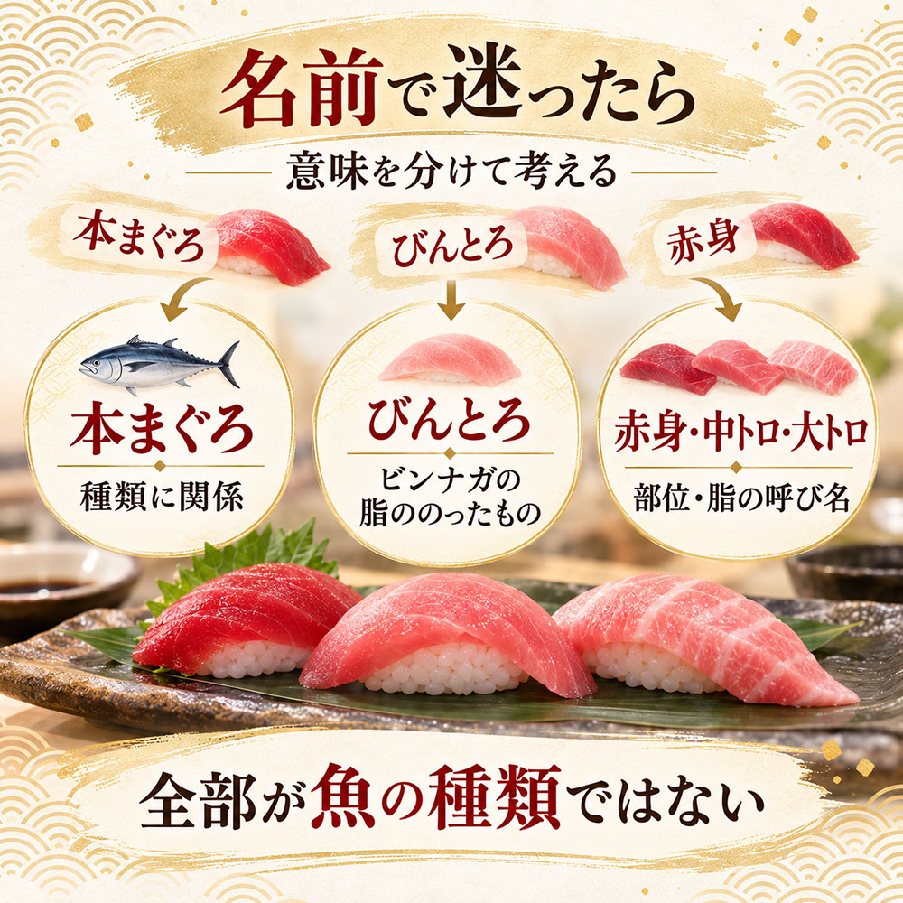 「本まぐろ」「びんとろ」「赤身」って種類の名前？