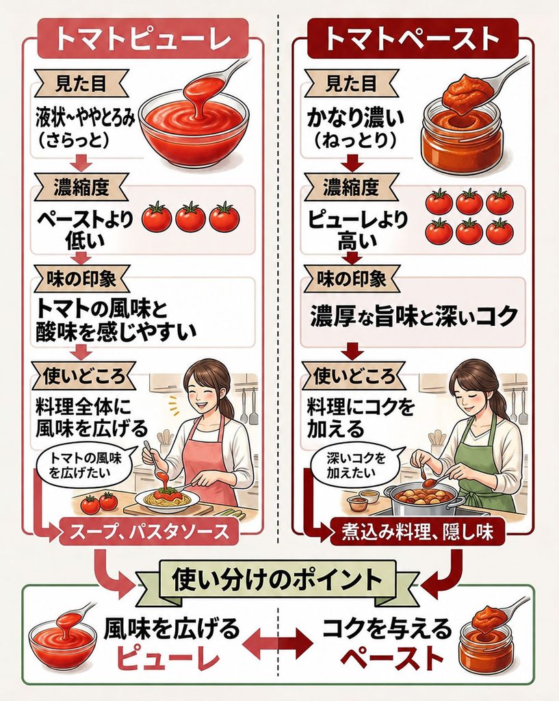 簡単にいうと、トマトピューレは料理全体にトマトの風味を広げたいとき、トマトペーストは少量でコクを足したいときに向いています。