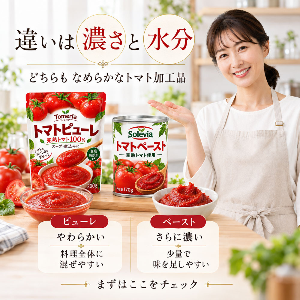 トマトピューレとトマトペーストは何が違う?まずは早見表で比較