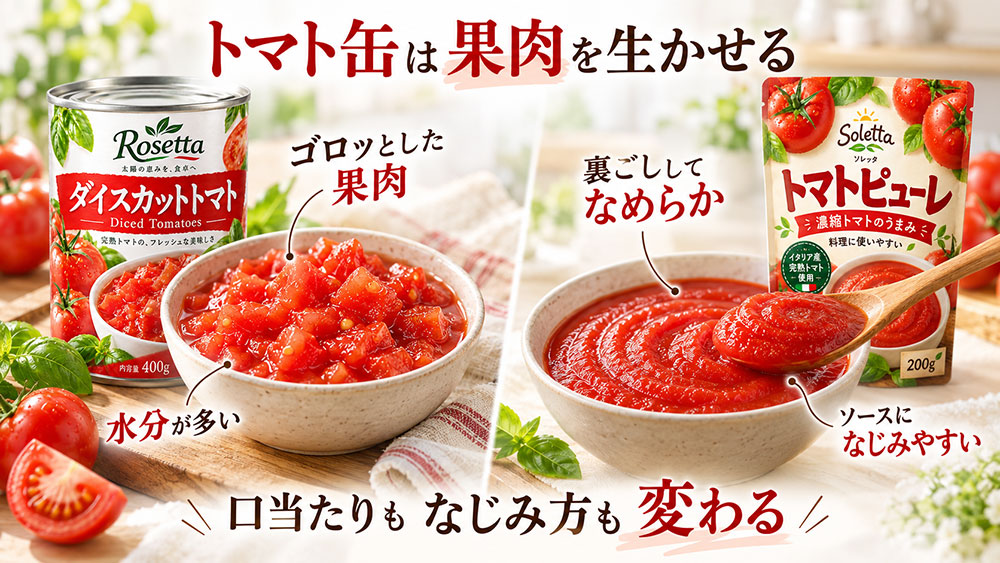 トマト缶は果肉や水分が多く、ピューレとは食感も使い方も違う
