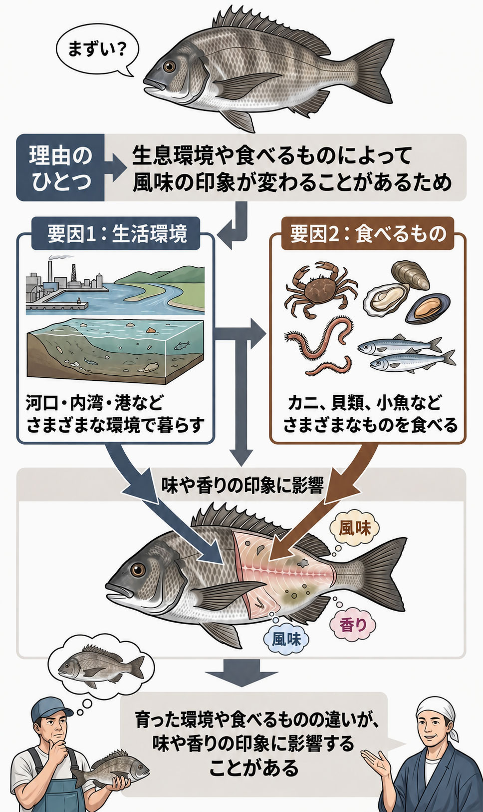 黒鯛は河口や内湾、港など幅広い場所で暮らし、食べるものもさまざまなため、育った環境によって風味の印象が変わることがあります。