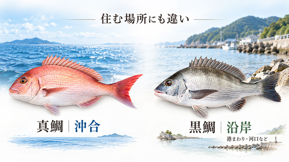 住んでいる場所も違う？真鯛は沖合、黒鯛は沿岸にも多い