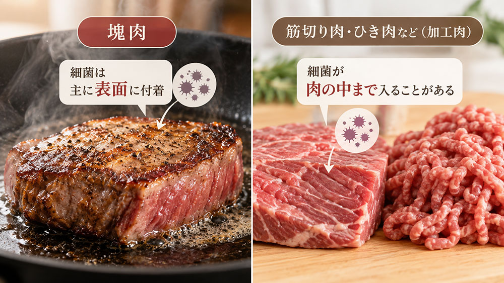 牛肉の塊肉と筋切り肉・ひき肉では加熱の注意点が違う
