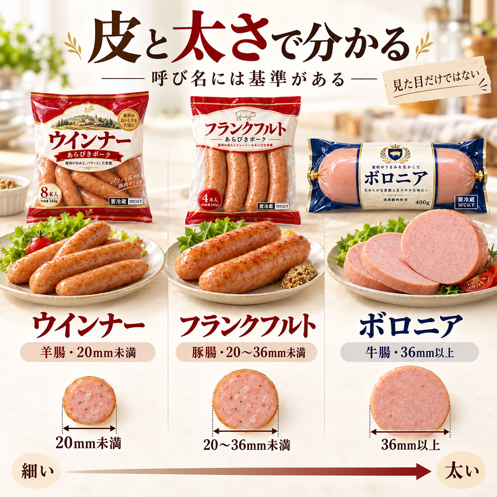 ウインナー・フランクフルト・ボロニアはどう違う?太さと皮を比べよう