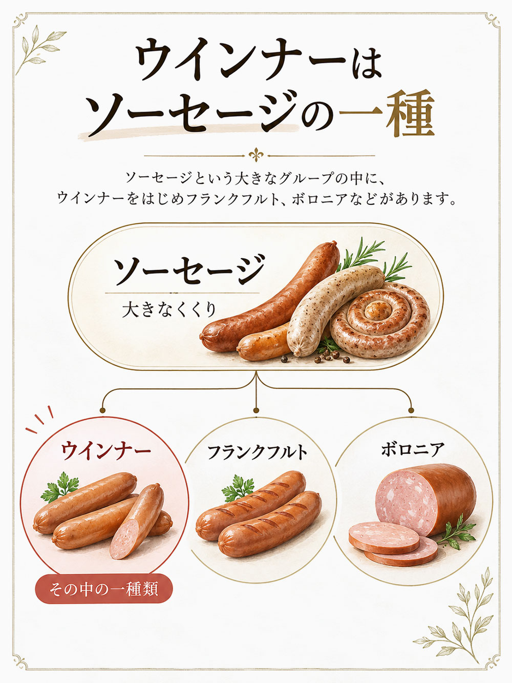 ソーセージという大きなグループの中に、ウインナーという種類があります。