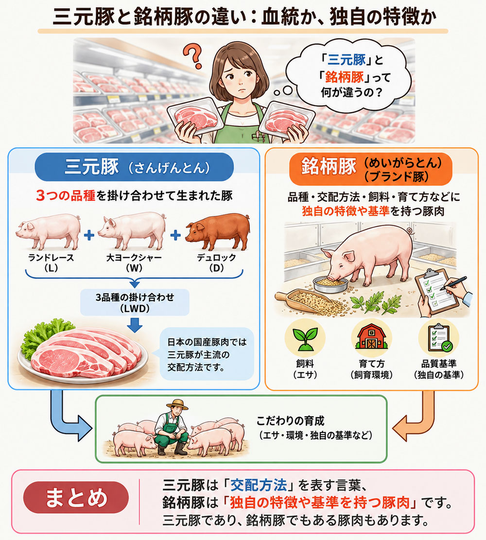 三元豚は3品種を掛け合わせた豚を指し、銘柄豚は品種や飼料、育て方などに独自の特徴を持つ豚肉です。