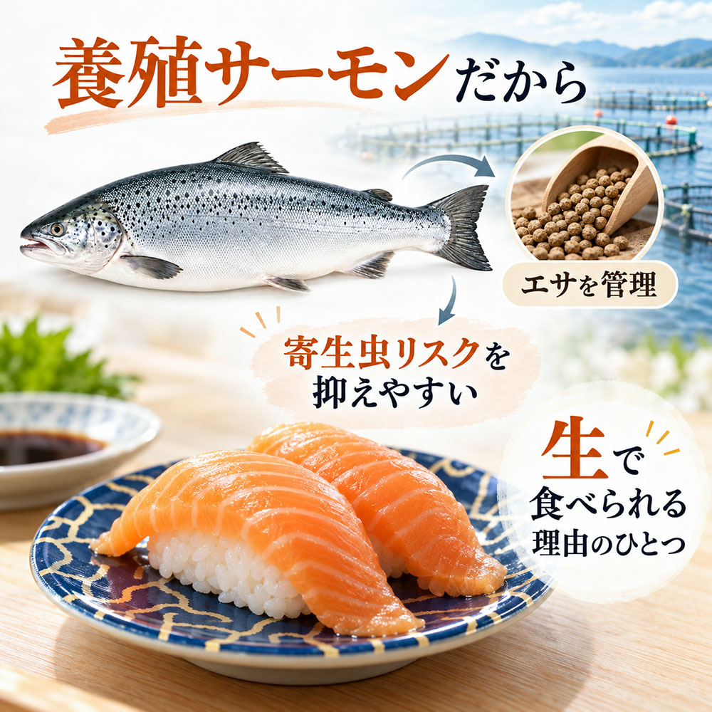 回転寿司のサーモンはなぜ生で食べられる？養殖と寄生虫対策の仕組み