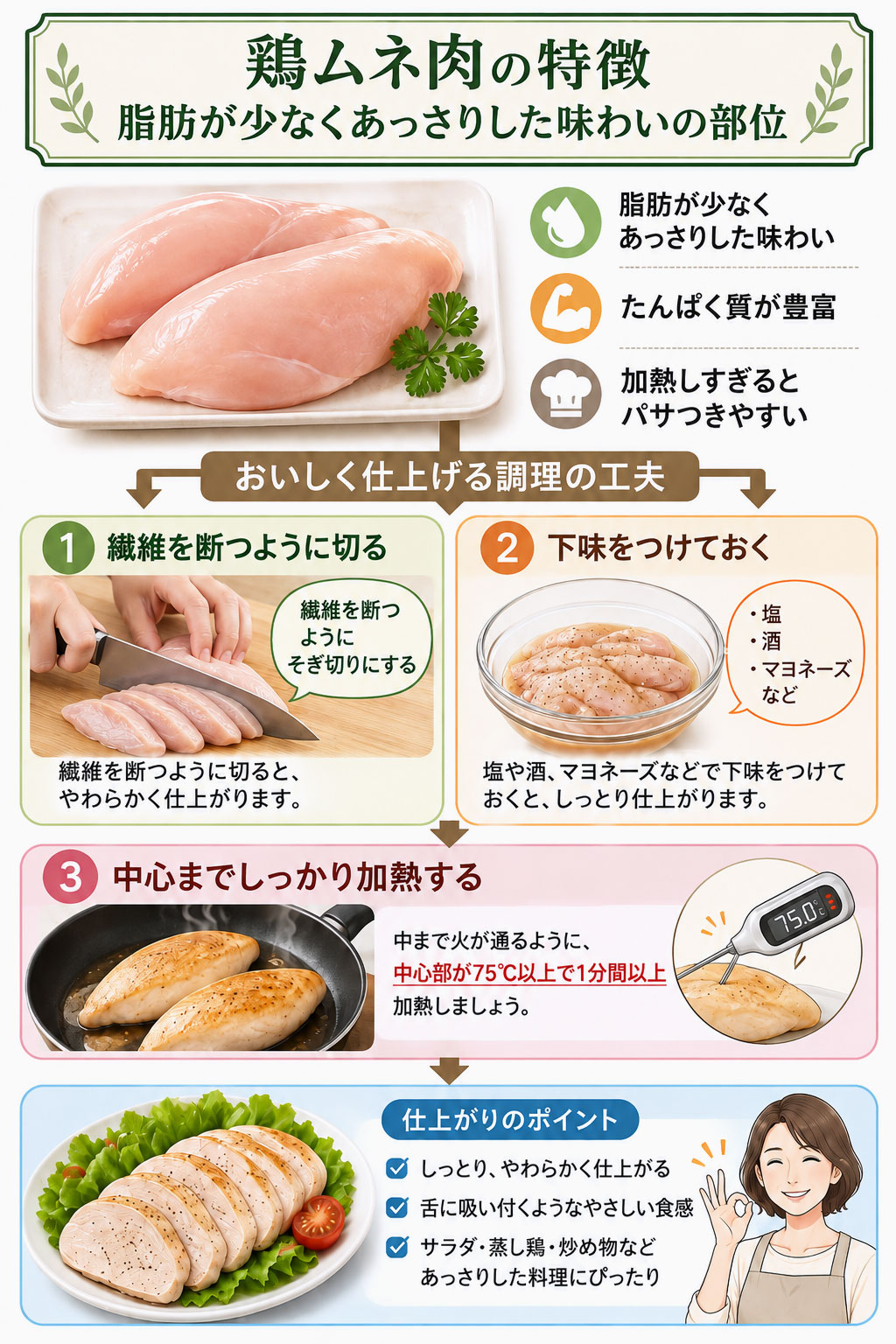 鶏むね肉をしっとり仕上げる切り方と加熱のコツを紹介した図解