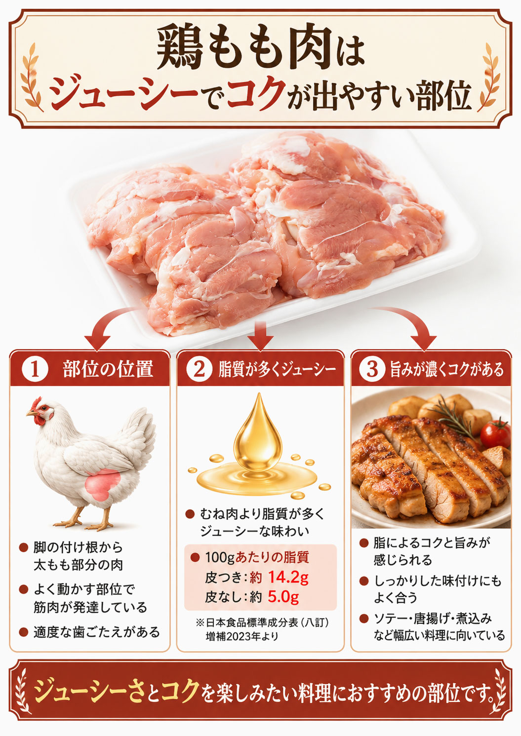 鶏もも肉の部位と特徴を解説した図解。脚の部分にあり、脂質が多くジューシーでコクがある