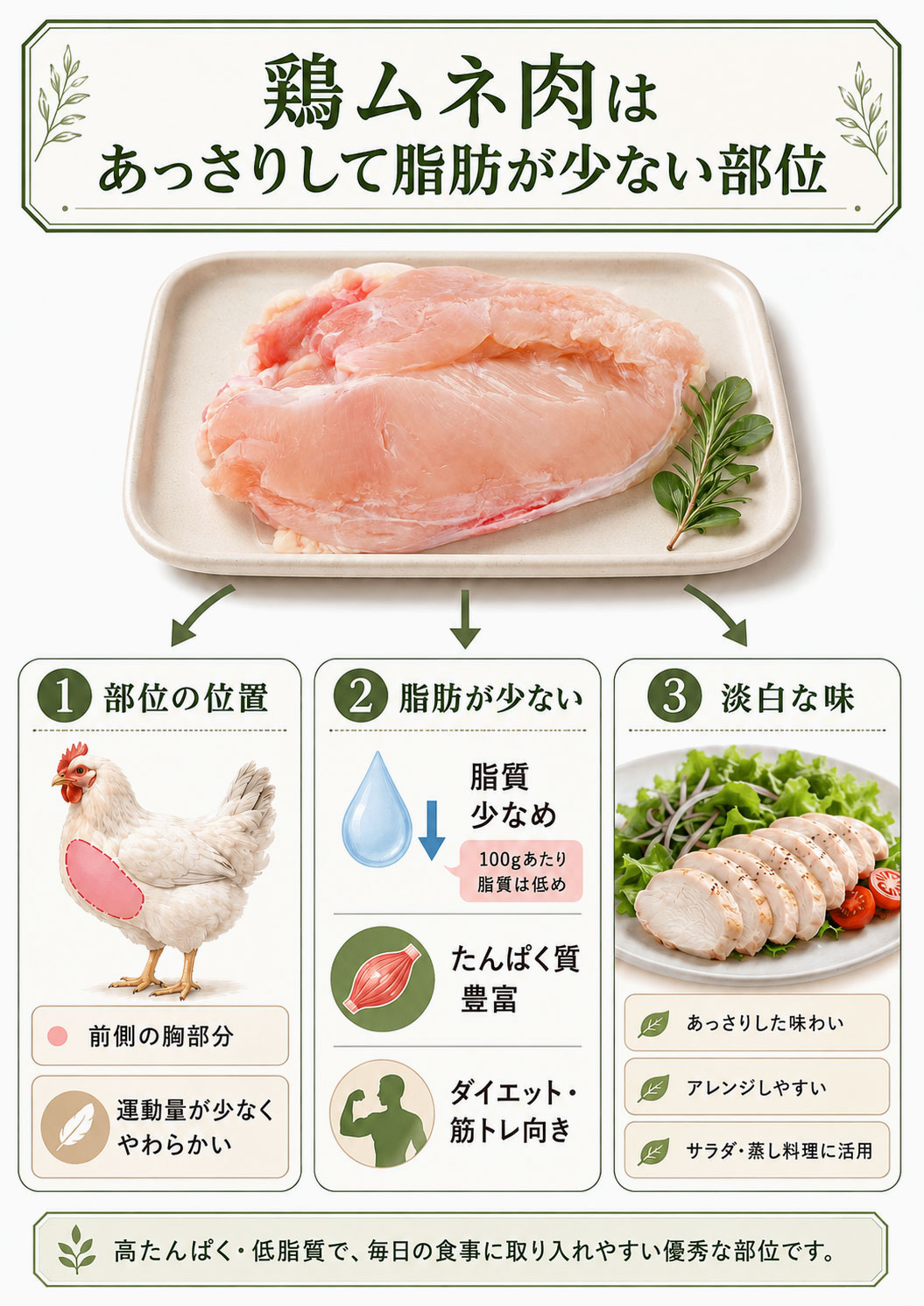 鶏むね肉の部位と特徴を解説した図解。胸の部分にあり、脂質が少なくたんぱく質が多い