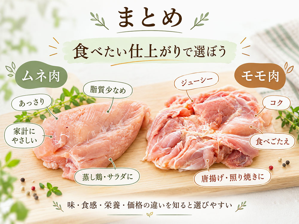 まとめ｜鶏むね肉ともも肉は食べたい仕上がりで選ぼう