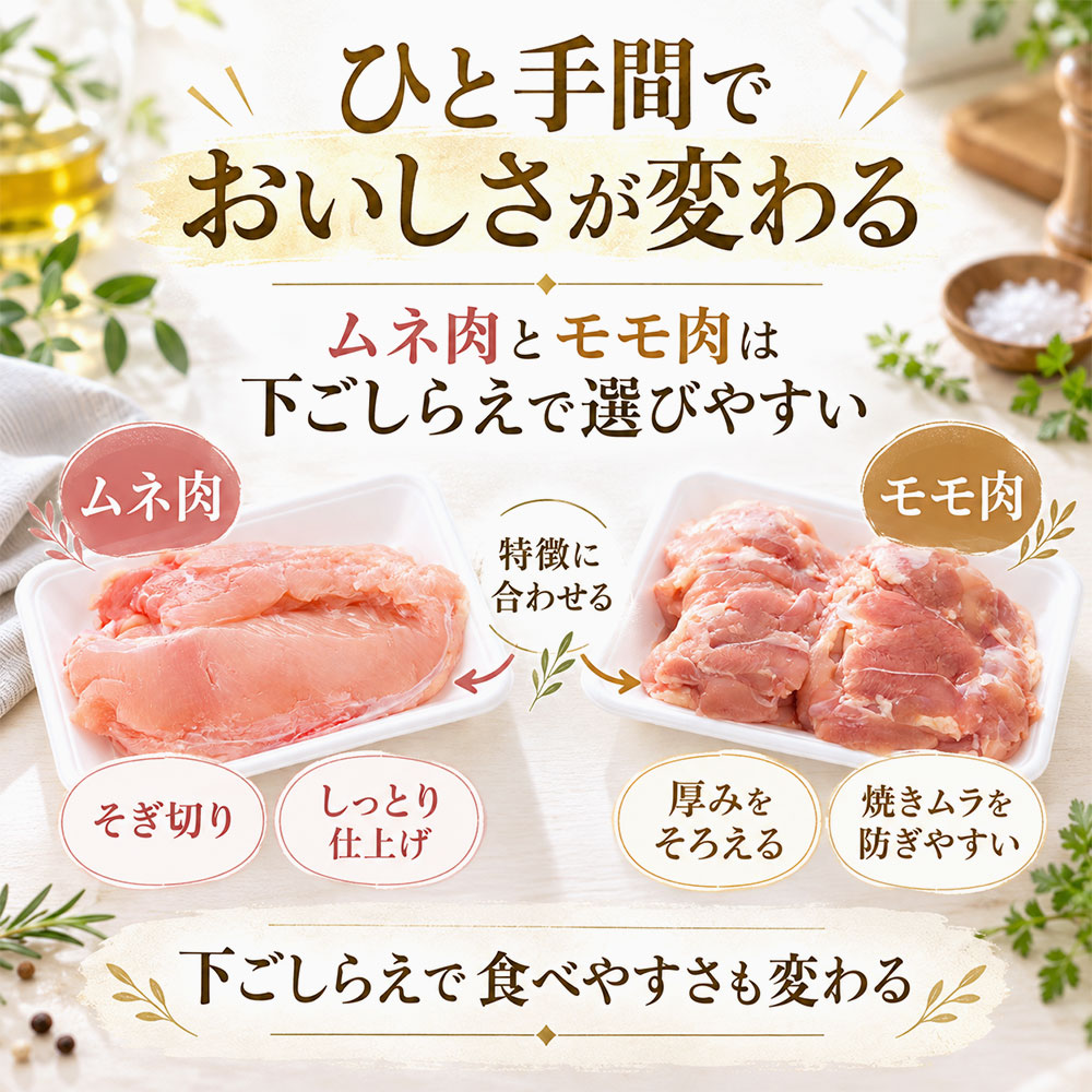おいしさが変わる！鶏むね肉ともも肉の下ごしらえと加熱のコツ