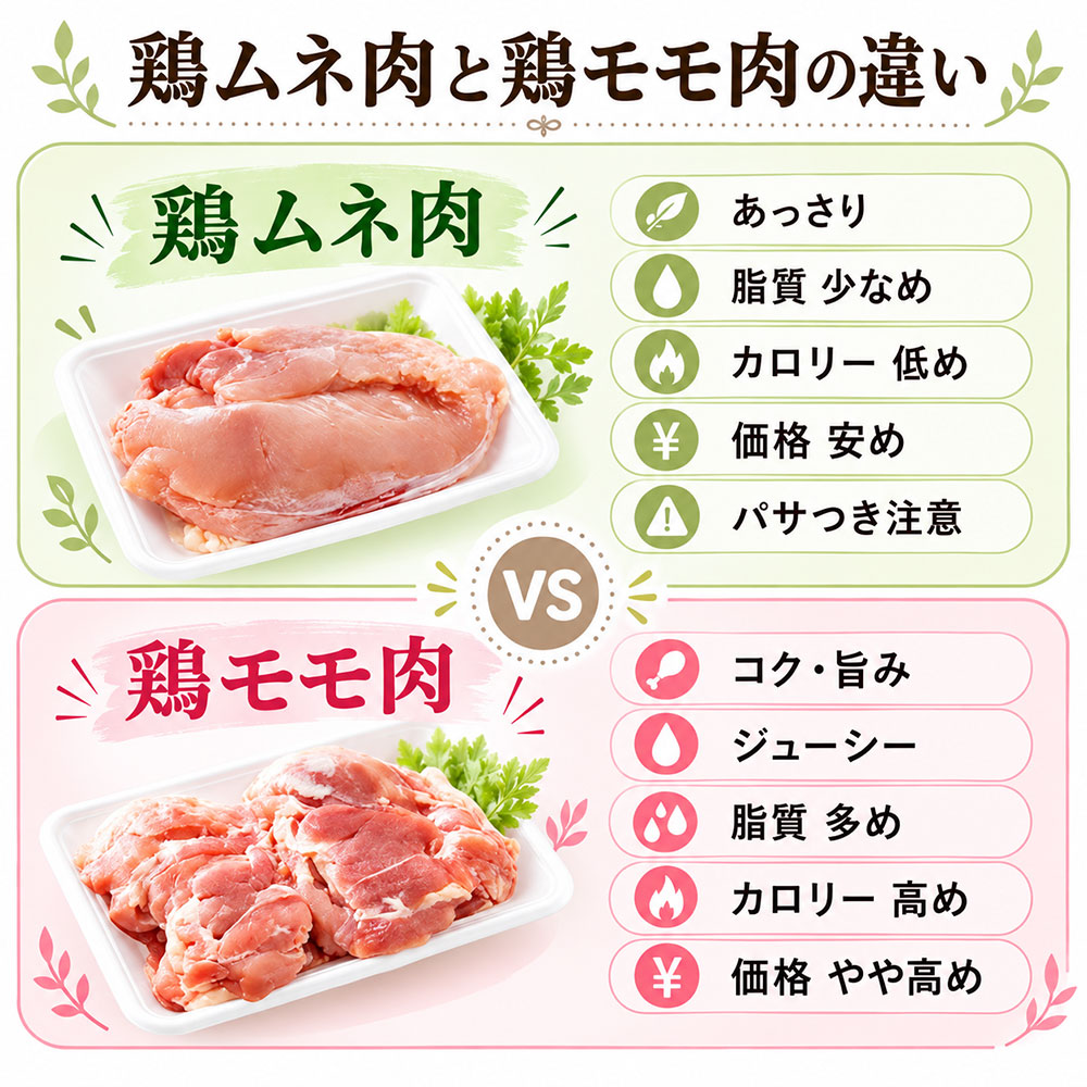 鶏むね肉ともも肉の違いを味・脂質・カロリー・価格・食感で比較した図解