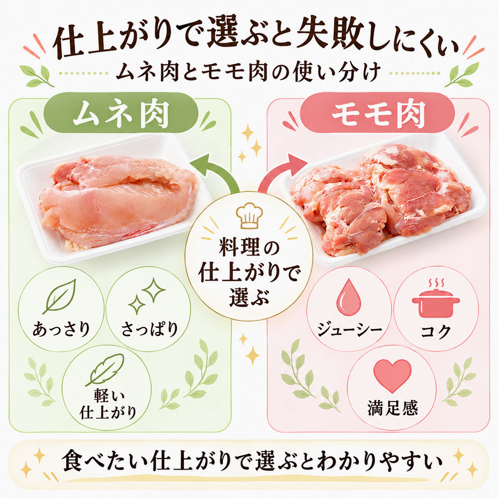 鶏むね肉ともも肉の料理での使い分けを比較した図解。むね肉はあっさり、もも肉はジューシーな仕上がり