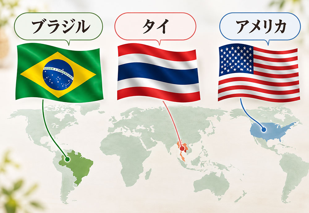 主な輸入国（ブラジル・タイ・アメリカなど）の特徴