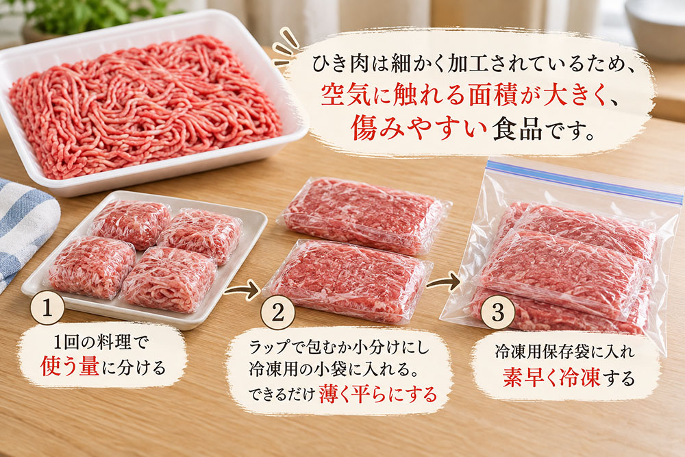 牛ひき肉は傷みやすい?薄く平らにして素早く冷凍