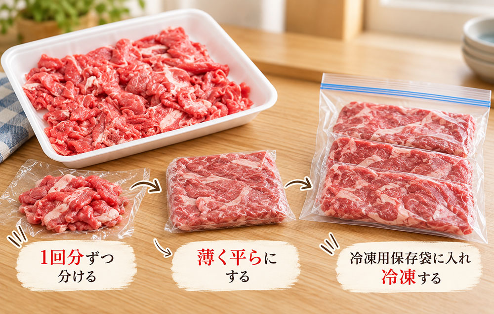 牛こま・切り落とし肉は平らに広げて使いやすく保存
